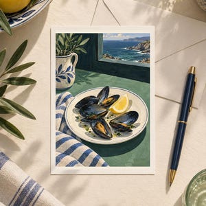 May include: A rectangular art print featuring a painted scene of a plate of dark blue mussels with a lemon wedge, set on a green table near a window overlooking a coastal sea view. A white pitcher with blue floral patterns sits beside the plate.