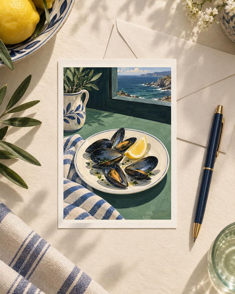 May include: A rectangular art print featuring a painted scene of a plate of dark blue mussels with a lemon wedge, set on a green table near a window overlooking a coastal sea view. A white pitcher with blue floral patterns sits beside the plate.