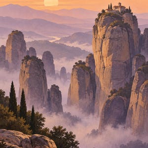 Pu&ograve; includere: Un dipinto paesaggistico che mostra alte formazioni rocciose verticali che si ergono sopra uno strato di nebbia bassa. Un piccolo edificio si trova sulla cima pi&ugrave; alta. La scena &egrave; illuminata da un morbido tramonto arancione.