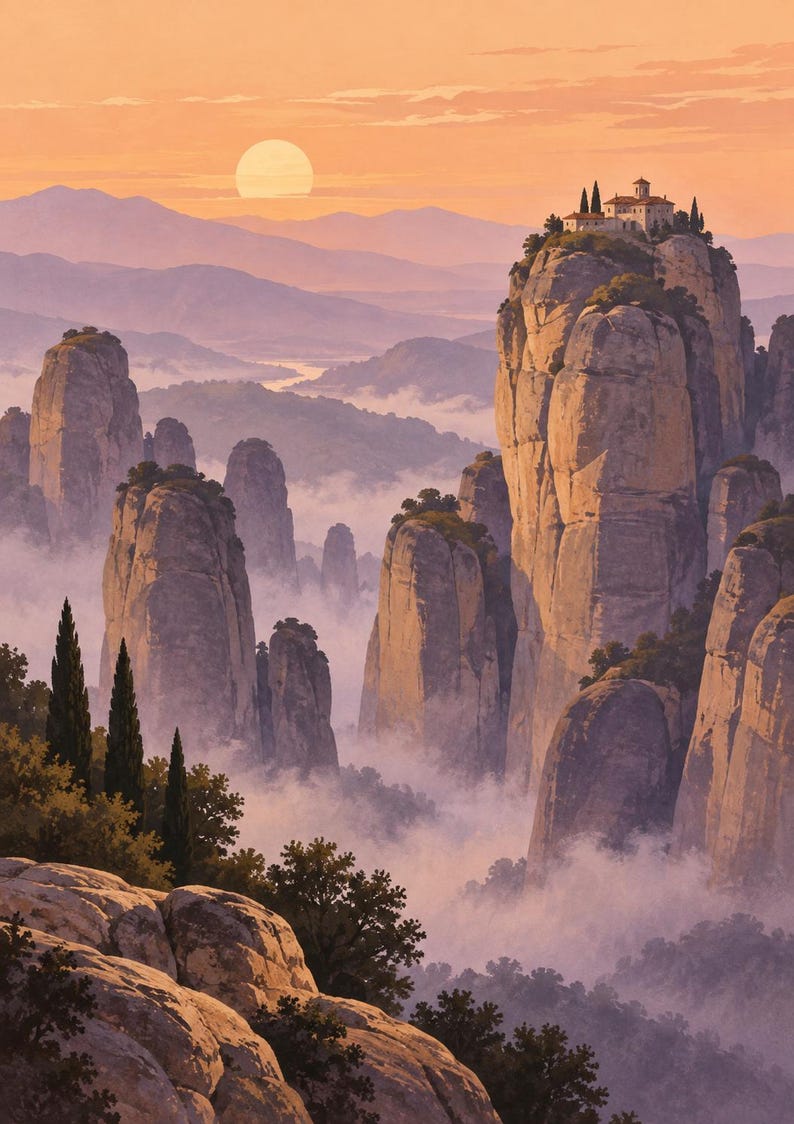 Pu&ograve; includere: Un dipinto paesaggistico che mostra alte formazioni rocciose verticali che si ergono sopra uno strato di nebbia bassa. Un piccolo edificio si trova sulla cima pi&ugrave; alta. La scena &egrave; illuminata da un morbido tramonto arancione.