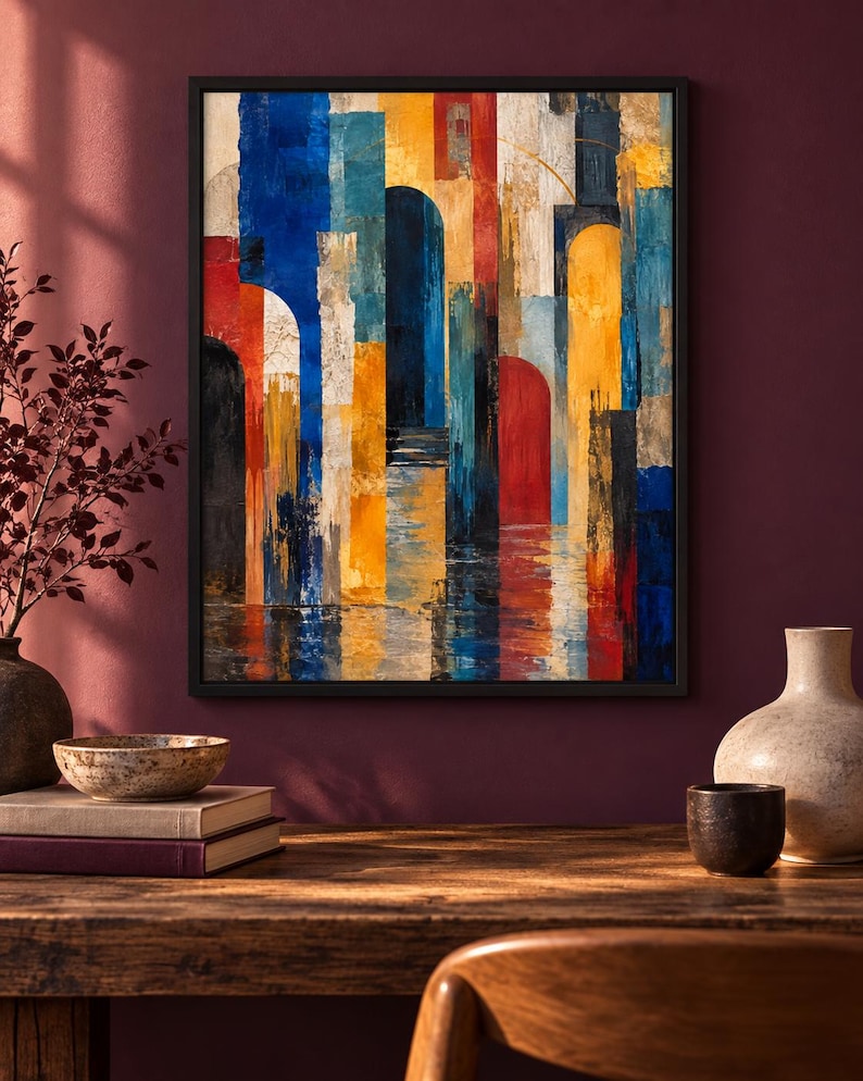 Op de afbeelding: Een rechthoekig ingelijst kunstwerk aan de muur met een abstract schilderij met verticale banen in blauw, geel, rood en zwart. De compositie bevat boogvormen en gestructureerde penseelstreken die diepte en reflecties cre&euml;ren.
