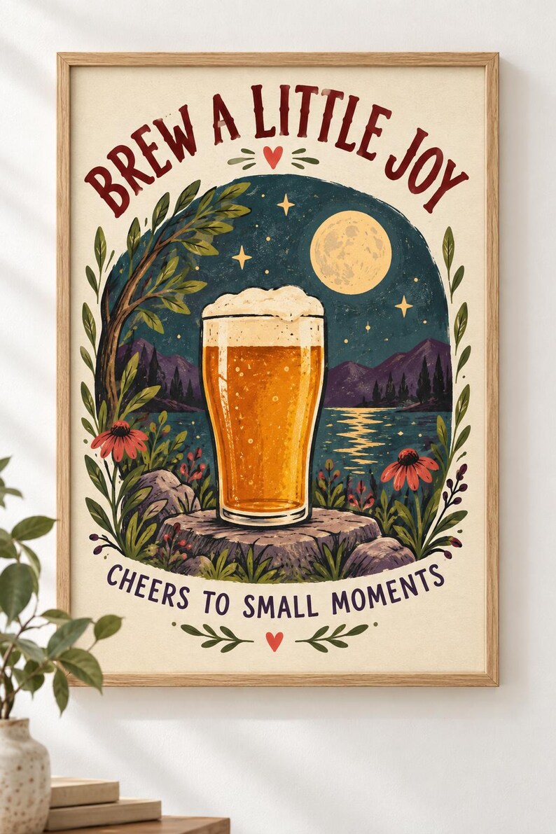 May include: A framed wall art print featuring a glass of golden beer with foam on a rock, set against a night landscape with a full moon, mountains, and lake. The text reads BREW A LITTLE JOY at the top and CHEERS TO SMALL MOMENTS at the bottom.