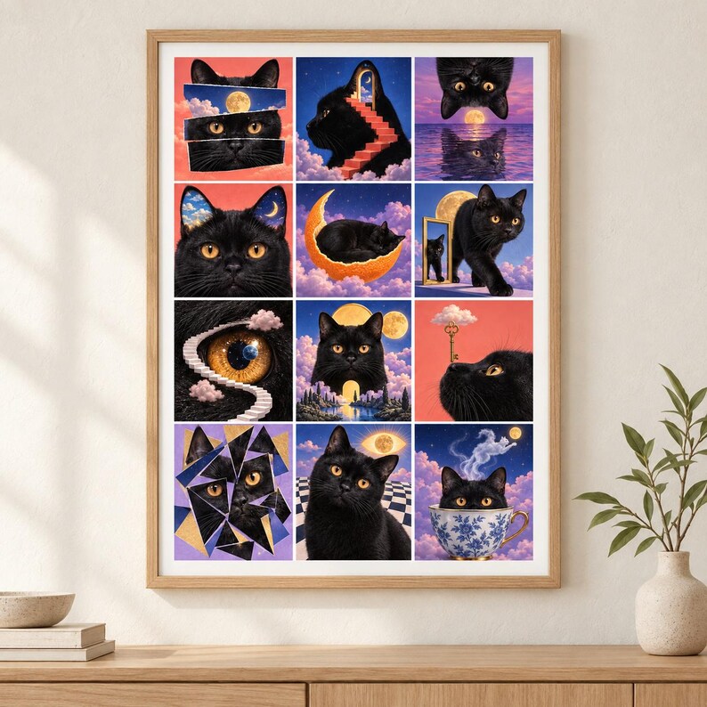 May include: A framed wall art print featuring a grid of twelve surreal illustrations of black cats. The artwork incorporates celestial themes, including moons, clouds, stairs, mirrors, and teacups, rendered in vibrant colors against various backgrounds.