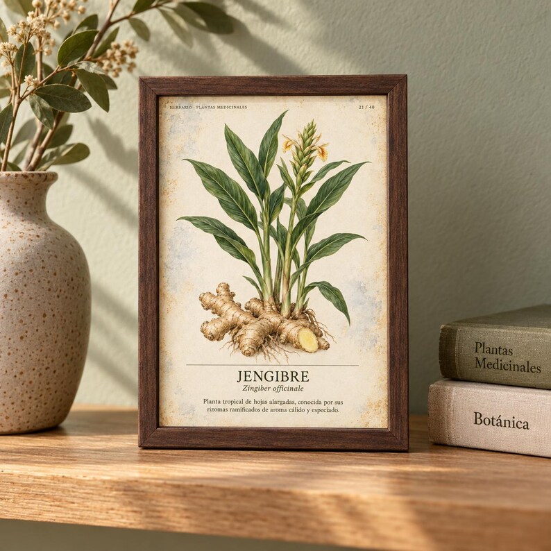 K&ouml;nnte beinhalten: Ein rechteckiger Rahmen aus dunklem Holz mit einem botanischen Druck einer Ingwerpflanze mit gr&uuml;nen Bl&auml;ttern, gelben Bl&uuml;ten und einem beigen Rhizom. Der Druck enth&auml;lt den Text JENGIBRE, Zingiber officinale und einen beschreibenden Textabschnitt.