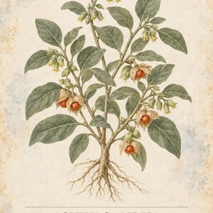 May include: A botanical illustration of an Ashwagandha plant, Withania somnifera, featuring green oval leaves, small yellow bell-shaped flowers, and reddish fruits encased in papery calyxes. The roots are visible at the base on a textured paper background.
