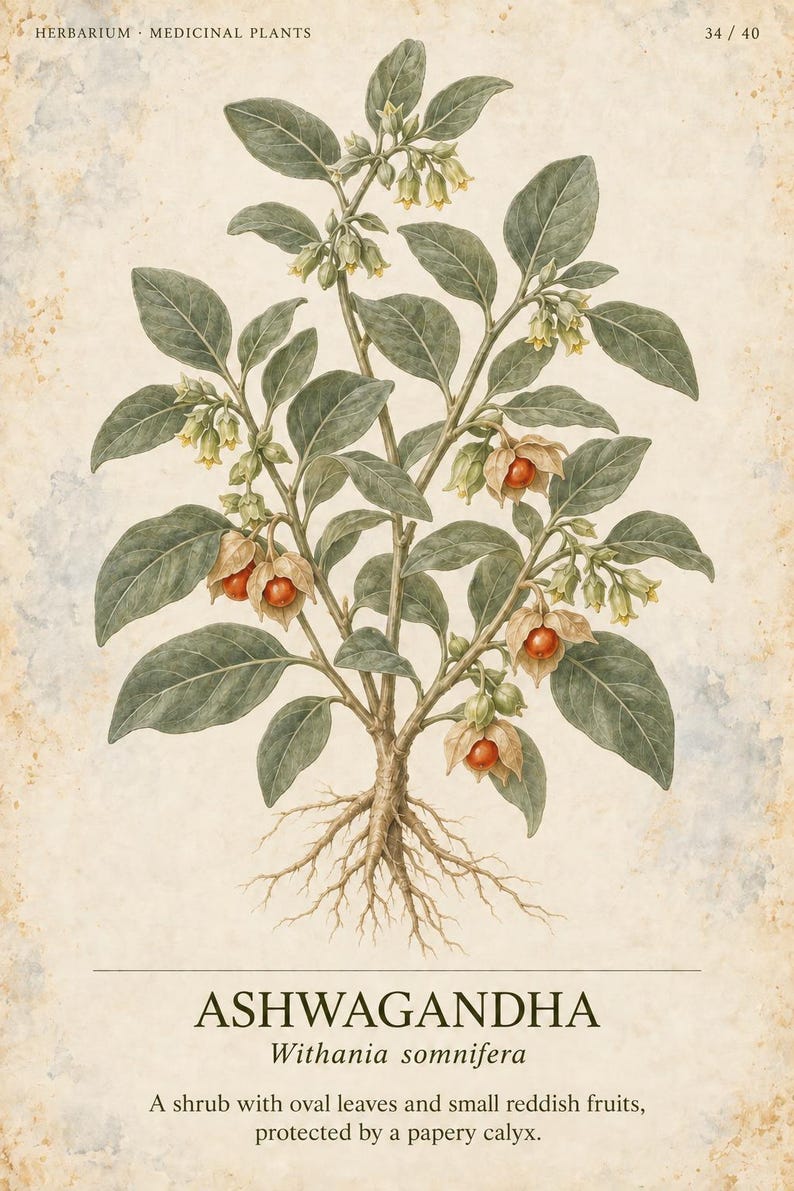 May include: A botanical illustration of an Ashwagandha plant, Withania somnifera, featuring green oval leaves, small yellow bell-shaped flowers, and reddish fruits encased in papery calyxes. The roots are visible at the base on a textured paper background.