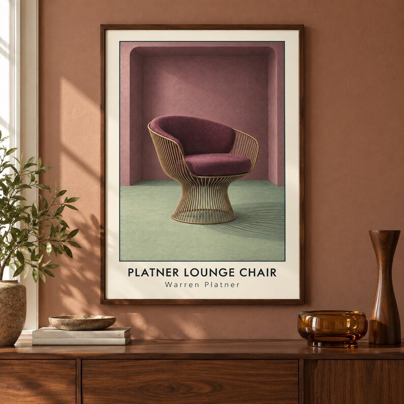 May include: A framed wall art print featuring a Platner lounge chair with a deep purple upholstered seat and a gold-toned wire base. The chair is set against a muted pink archway and a light green floor. The text reads Platner Lounge Chair Warren Platner.