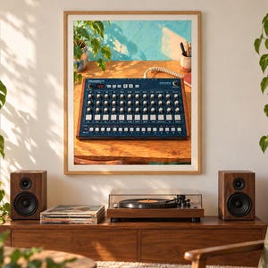 Puede incluir: Una impresi&oacute;n de arte mural enmarcada que representa una caja de ritmos Arturia DrumBrute sobre un escritorio de madera. La imagen muestra un panel de control azul con numerosos mandos, botones y una pantalla digital, sobre un fondo soleado.