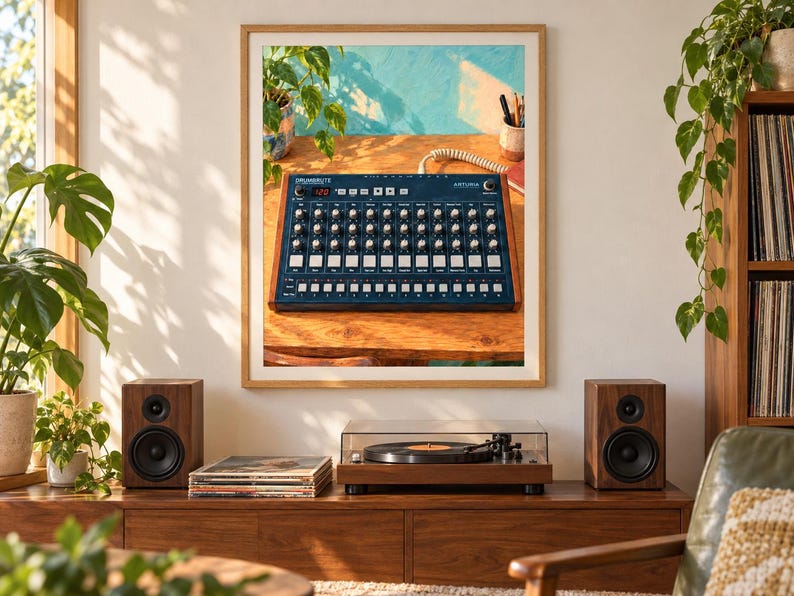 Puede incluir: Una impresi&oacute;n de arte mural enmarcada que representa una caja de ritmos Arturia DrumBrute sobre un escritorio de madera. La imagen muestra un panel de control azul con numerosos mandos, botones y una pantalla digital, sobre un fondo soleado.