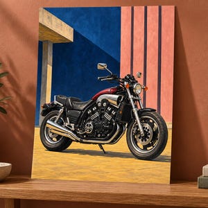 May include: A dark red and black motorcycle parked on a yellow surface in front of a wall with blue and coral vertical sections. The motorcycle features a chrome exhaust pipe, a round headlight, and a black seat, captured in a side profile view.