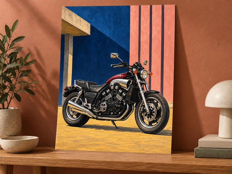 May include: A dark red and black motorcycle parked on a yellow surface in front of a wall with blue and coral vertical sections. The motorcycle features a chrome exhaust pipe, a round headlight, and a black seat, captured in a side profile view.