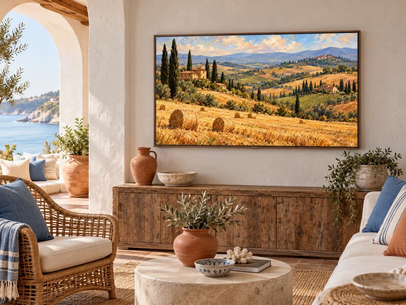 May include: A rectangular wall-mounted television displaying a landscape painting of a golden wheat field with hay bales, cypress trees, and stone villas under a blue sky with clouds, positioned above a long wooden media console cabinet.
