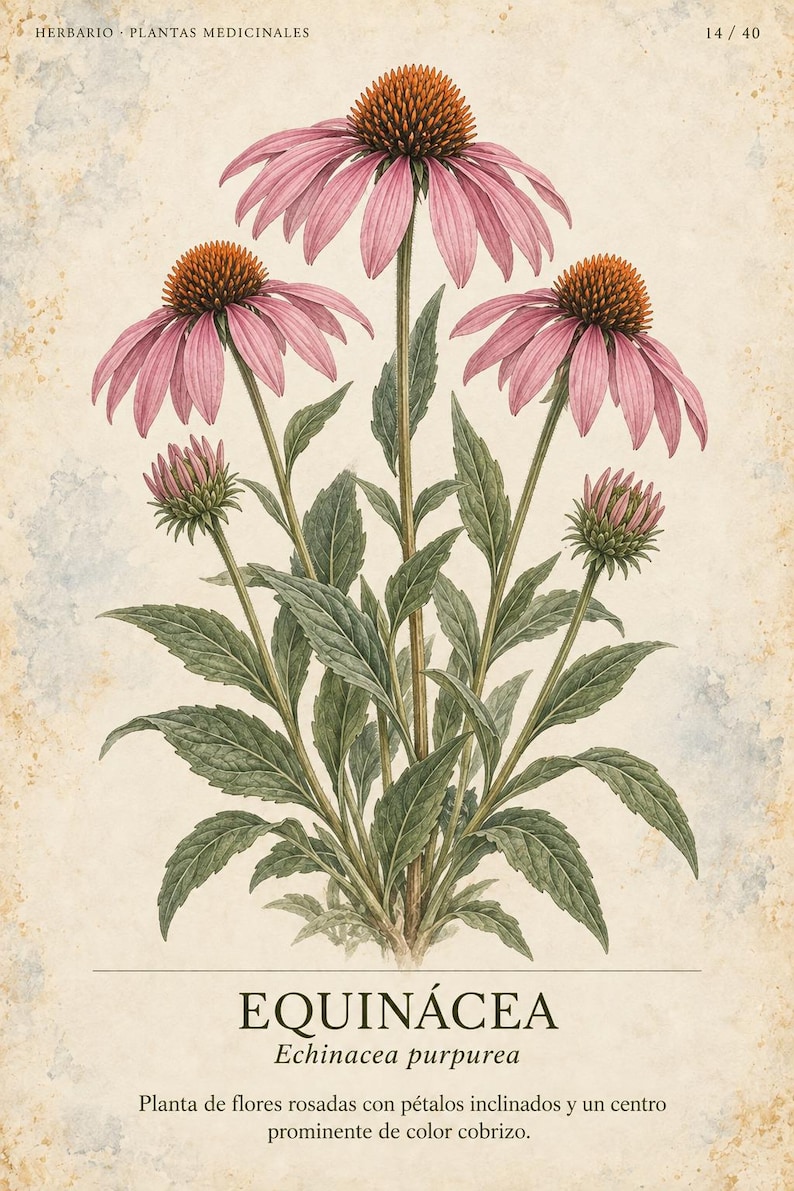 May include: A botanical illustration of an Echinacea purpurea plant featuring three blooming flowers with pink petals and prominent copper-coloured centres, two flower buds, and green leaves. The text reads HERBARIO PLANTAS MEDICINALES 14/40 EQUIN&Aacute;CEA Echinacea purpurea Planta de flores rosadas con p&eacute;talos inclinados y un centro prominente de color cobrizo.