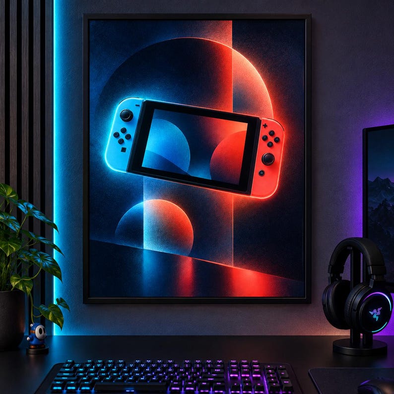 K&ouml;nnte beinhalten: Ein gerahmter Wandkunstdruck, der eine tragbare Spielkonsole mit einem blauen linken Controller und einem roten rechten Controller zeigt, vor einem dunklen Hintergrund mit leuchtenden blauen und roten Kreiseffekten und vertikalen Lichtbalken.