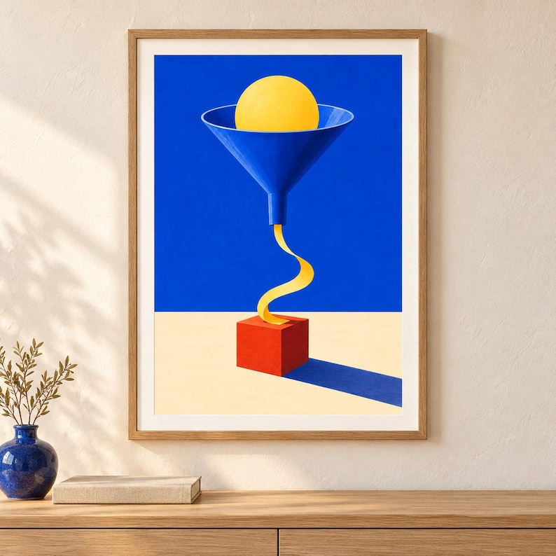 Op de afbeelding: Een ingelijste kunstdruk met een blauwe trechter die een gele bol bevat. Een geel lint stroomt vanuit de trechter in een rode kubus op een lichtbeige ondergrond tegen een effen blauwe achtergrond, wat een geometrische compositie vormt.