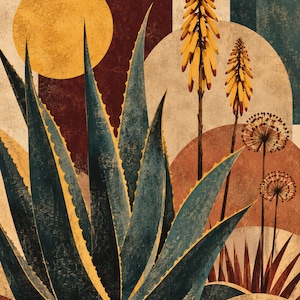 Pu&ograve; includere: Una stampa artistica da parete raffigurante una grande pianta di aloe verde acqua scuro con bordi gialli, due alti steli di fiori gialli e due capolini sferici. Lo sfondo &egrave; composto da forme geometriche nei toni del giallo senape, rosso e beige.