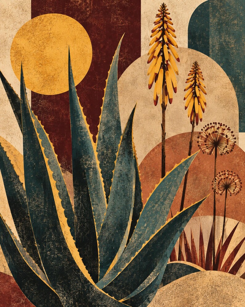 Pu&ograve; includere: Una stampa artistica da parete raffigurante una grande pianta di aloe verde acqua scuro con bordi gialli, due alti steli di fiori gialli e due capolini sferici. Lo sfondo &egrave; composto da forme geometriche nei toni del giallo senape, rosso e beige.