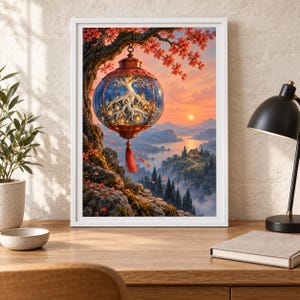 K&ouml;nnte beinhalten: Ein gerahmter Kunstdruck, der eine kugelf&ouml;rmige Laterne zeigt, die an einem Ast h&auml;ngt. In der Glaskugel befindet sich ein wei&szlig;er Baum mit leuchtenden Fenstern. Der Hintergrund zeigt einen Sonnenuntergang &uuml;ber einem Fluss und Bergen.