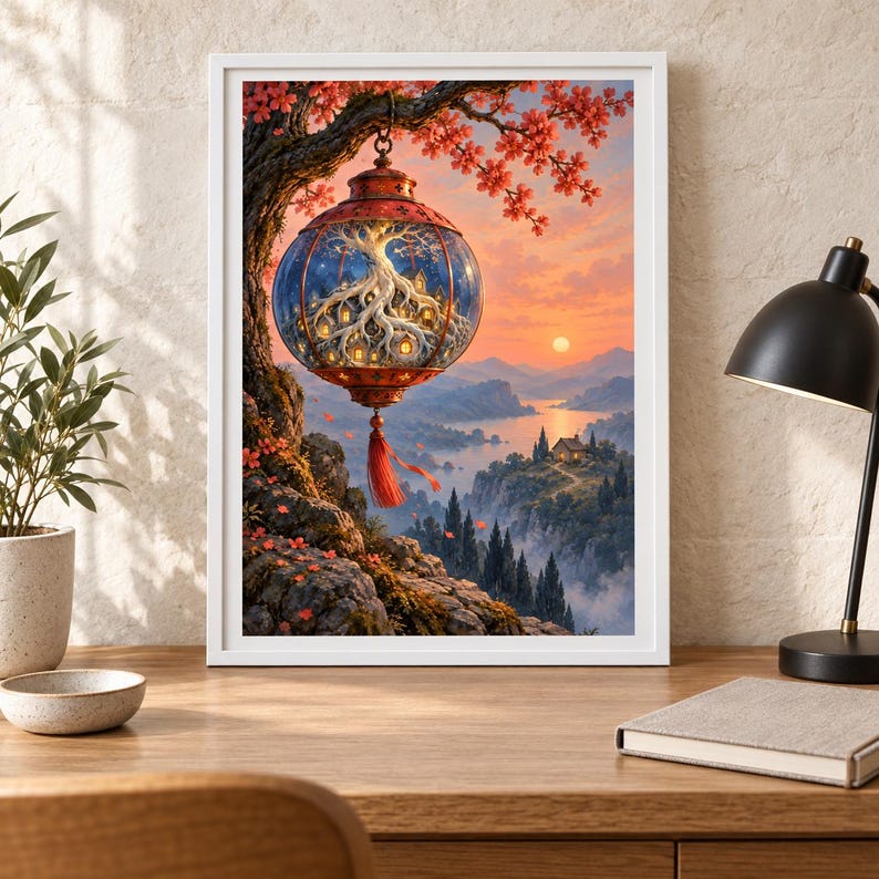 K&ouml;nnte beinhalten: Ein gerahmter Kunstdruck, der eine kugelf&ouml;rmige Laterne zeigt, die an einem Ast h&auml;ngt. In der Glaskugel befindet sich ein wei&szlig;er Baum mit leuchtenden Fenstern. Der Hintergrund zeigt einen Sonnenuntergang &uuml;ber einem Fluss und Bergen.