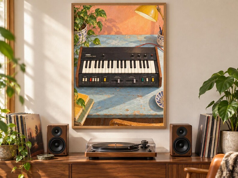 May include: A framed wall art print depicting a black Korg Monologue synthesizer with white keys, knobs, and sliders, resting on a weathered blue wooden table. The scene includes a yellow lamp, a potted plant, and books, all captured in a warm, sunlit aesthetic.