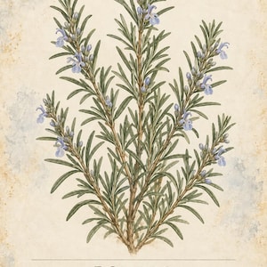 May include: A botanical illustration of a rosemary plant with needle-like green leaves and small light blue flowers. The text reads HERBARIO PLANTAS MEDICINALES 04/40, ROMERO, Salvia rosmarinus, and a description of the shrub in Spanish.