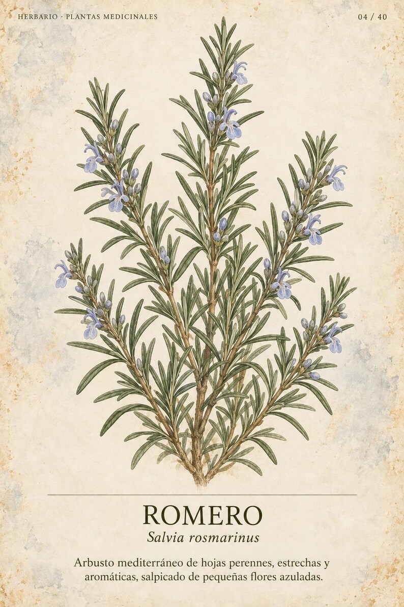 May include: A botanical illustration of a rosemary plant with needle-like green leaves and small light blue flowers. The text reads HERBARIO PLANTAS MEDICINALES 04/40, ROMERO, Salvia rosmarinus, and a description of the shrub in Spanish.