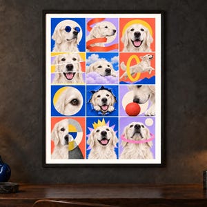 May include: A framed wall art print featuring a grid of twelve colorful panels, each displaying a golden retriever in various playful poses, wearing accessories like blue sunglasses or a yellow crown, and interacting with objects like a red ball.