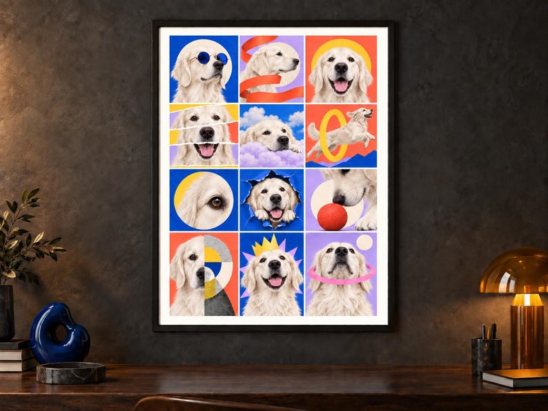 May include: A framed wall art print featuring a grid of twelve colorful panels, each displaying a golden retriever in various playful poses, wearing accessories like blue sunglasses or a yellow crown, and interacting with objects like a red ball.