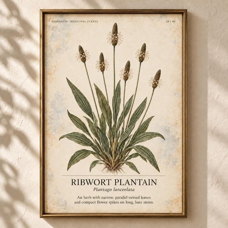 Op de afbeelding: Een ingelijste botanische print van een smalle weegbree, Plantago lanceolata, met groene, parallel geaderde bladeren en lange, slanke bloemaren. De tekst luidt Herbarium - Medicinal Plants, 28/40, en bevat een beschrijving van de plant.