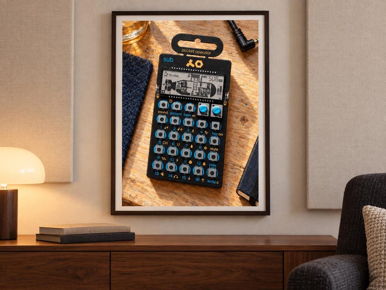 Op de afbeelding: Een zwarte Teenage Engineering PO-128 pocket operator synthesizer met een digitaal LCD-scherm met een onderzeebootafbeelding, twee blauwe draaiknoppen en een raster van zestien ronde knoppen met blauwe labels op een zwarte printplaat.
