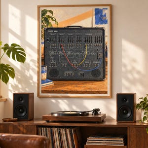 May include: A framed wall print depicting a black ARP 2600 analog synthesizer with multiple sliders, patch points, and colorful patch cables. The synthesizer features a top handle, two circular speakers at the bottom, and white text labels.