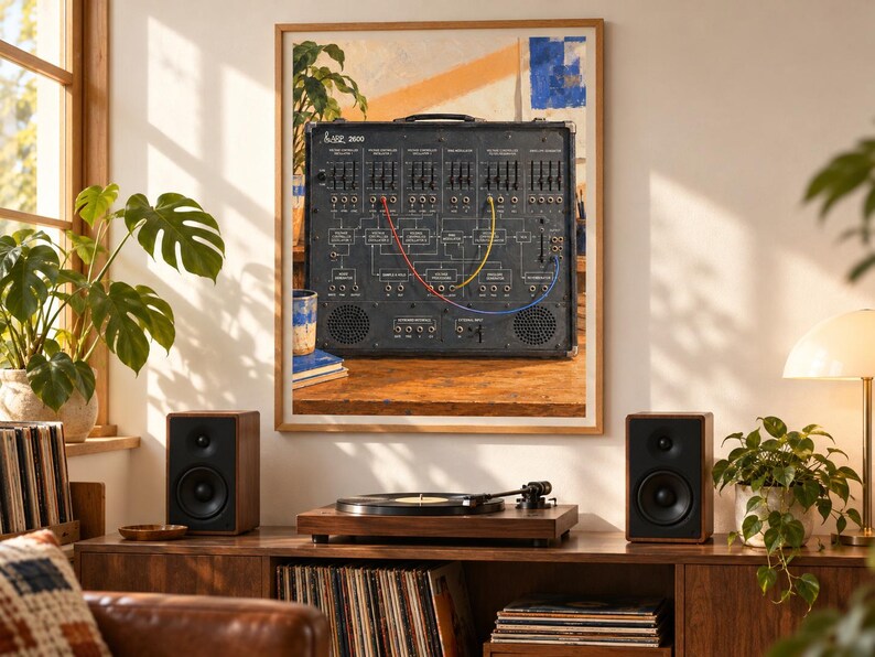May include: A framed wall print depicting a black ARP 2600 analog synthesizer with multiple sliders, patch points, and colorful patch cables. The synthesizer features a top handle, two circular speakers at the bottom, and white text labels.