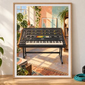 May include: A framed wall art print depicting a vintage Yamaha CS-80 analog synthesizer on a stand. The instrument features a black control panel with numerous colorful sliders, knobs, and a keyboard, set within a sunlit room with plants.