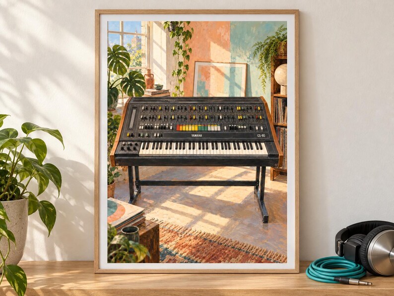 May include: A framed wall art print depicting a vintage Yamaha CS-80 analog synthesizer on a stand. The instrument features a black control panel with numerous colorful sliders, knobs, and a keyboard, set within a sunlit room with plants.