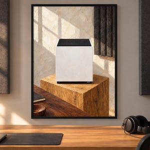 Op de afbeelding: Een witte kubusvormige luidspreker met een zwart bovenpaneel en een zwarte voet, weergegeven als een ingelijste print aan een muur. De print toont de luidspreker op een houten blok, met een donkerhouten bureau en een koptelefoon.