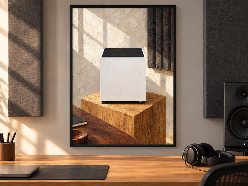 Op de afbeelding: Een witte kubusvormige luidspreker met een zwart bovenpaneel en een zwarte voet, weergegeven als een ingelijste print aan een muur. De print toont de luidspreker op een houten blok, met een donkerhouten bureau en een koptelefoon.
