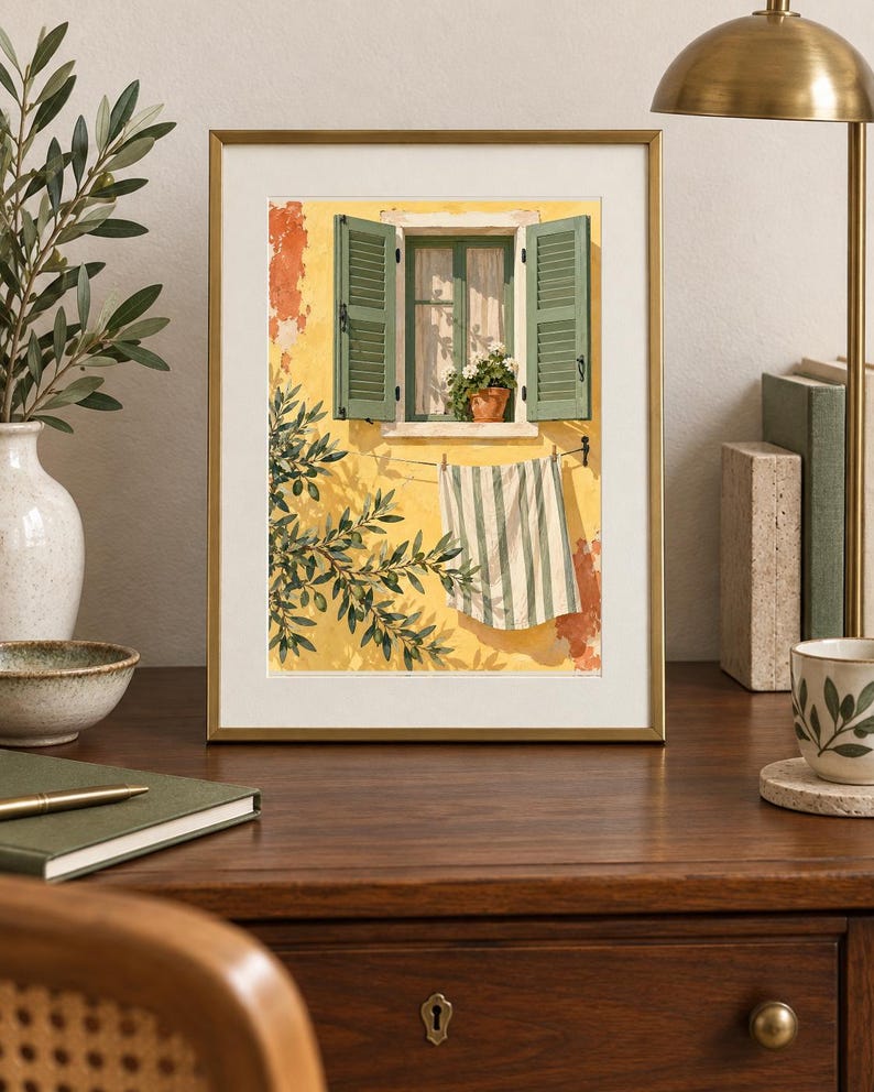 May include: A framed art print featuring a yellow wall with an open window, green shutters, and a potted plant. A striped towel hangs on a clothesline below the window, with olive tree branches casting shadows across the textured yellow surface.