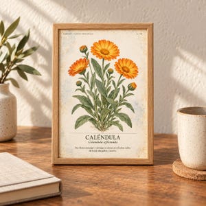 May include: A framed botanical print featuring a detailed illustration of a Calendula officinalis plant with vibrant orange flowers and green leaves. The text reads CAL&Eacute;NDULA, Calendula officinalis, and a descriptive sentence in Spanish.