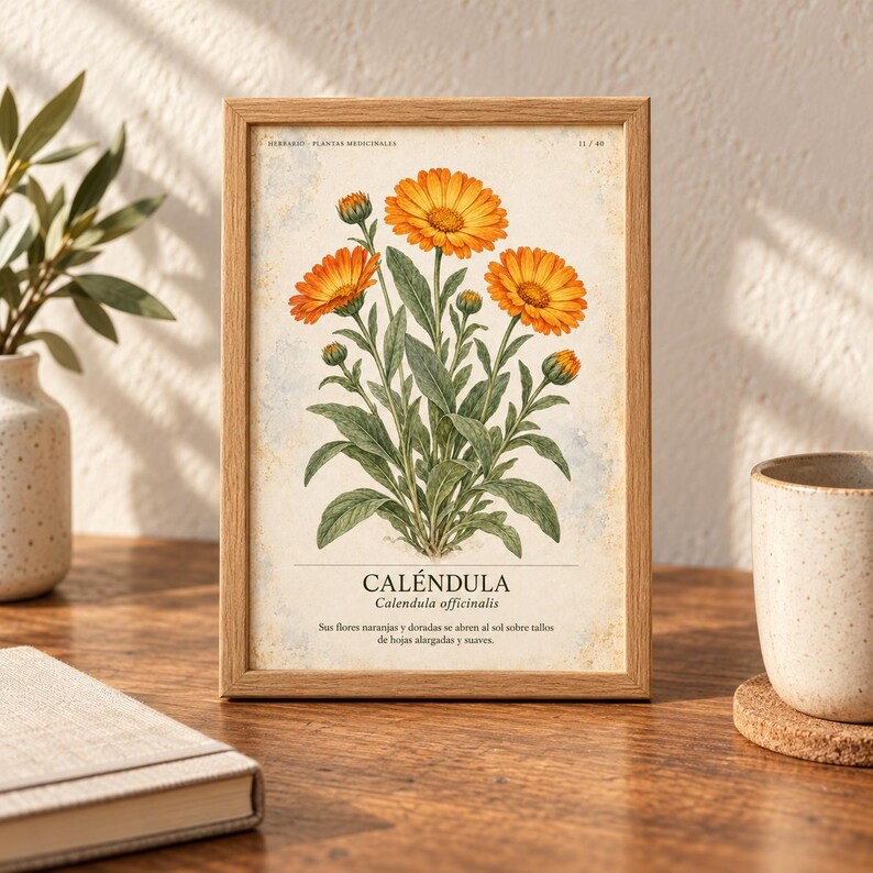 May include: A framed botanical print featuring a detailed illustration of a Calendula officinalis plant with vibrant orange flowers and green leaves. The text reads CAL&Eacute;NDULA, Calendula officinalis, and a descriptive sentence in Spanish.