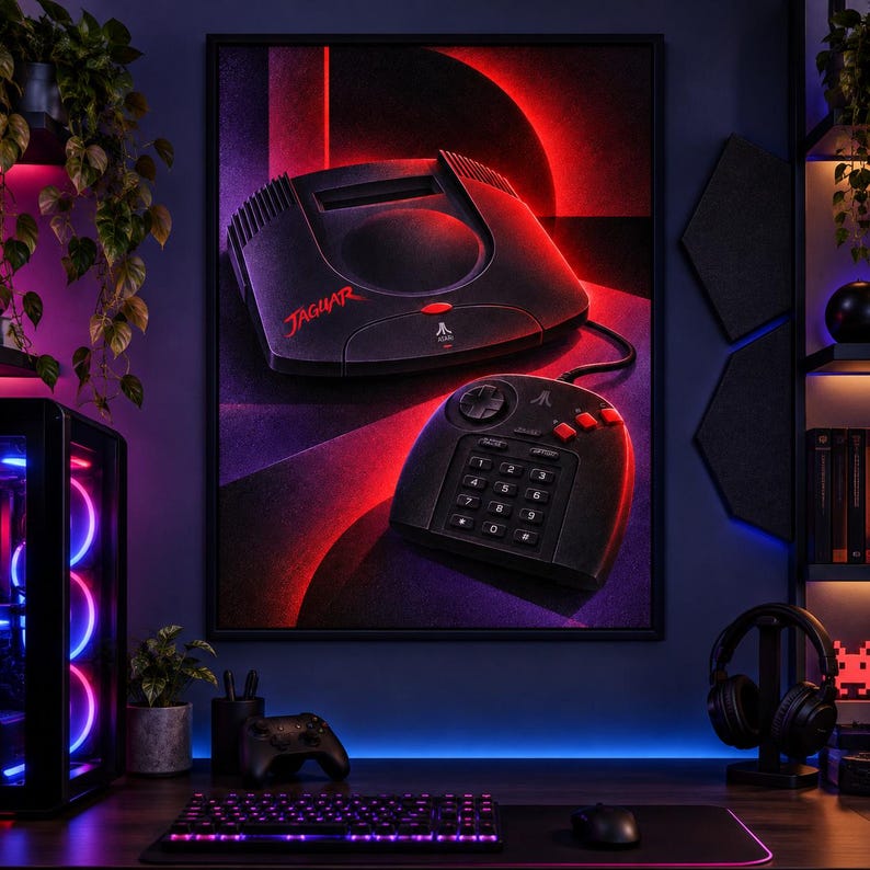 K&ouml;nnte beinhalten: Ein gerahmter Wandkunstdruck, der eine schwarze Atari Jaguar Videospielkonsole und den dazugeh&ouml;rigen Controller zeigt. Die Konsole tr&auml;gt das rote Jaguar-Logo und das Atari-Emblem. Das Bild ist vor einem dunklen Hintergrund mit rotem Licht.