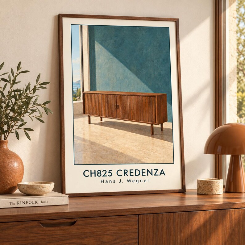 May include: A framed art print featuring a wooden credenza with vertical slats, set against a blue wall and light-coloured floor. The text CH825 CREDENZA Hans J. Wegner is printed in black at the bottom of the white border surrounding the image.
