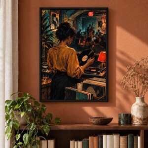 May include: A framed wall art print depicting a person in a mustard yellow shirt and black skirt standing at a turntable, holding a vinyl record. The scene shows a dimly lit jazz club with musicians in the background, a red lamp, and record crates.