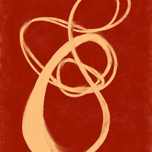Pode incluir: Uma obra de arte digital com um fundo vermelho profundo e texturizado, apresentando uma &uacute;nica linha de pincelada cont&iacute;nua em bege claro que se entrela&ccedil;a e curva para formar uma forma org&acirc;nica abstrata centrada na composi&ccedil;&atilde;o.