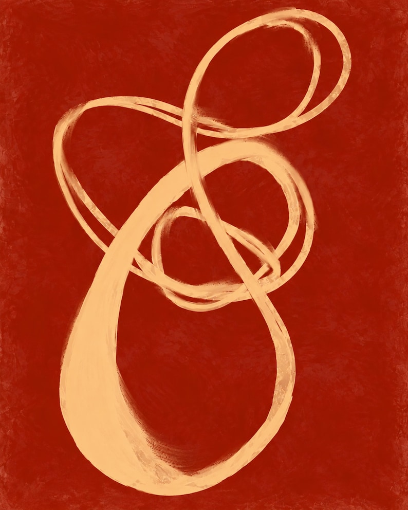 Pode incluir: Uma obra de arte digital com um fundo vermelho profundo e texturizado, apresentando uma &uacute;nica linha de pincelada cont&iacute;nua em bege claro que se entrela&ccedil;a e curva para formar uma forma org&acirc;nica abstrata centrada na composi&ccedil;&atilde;o.