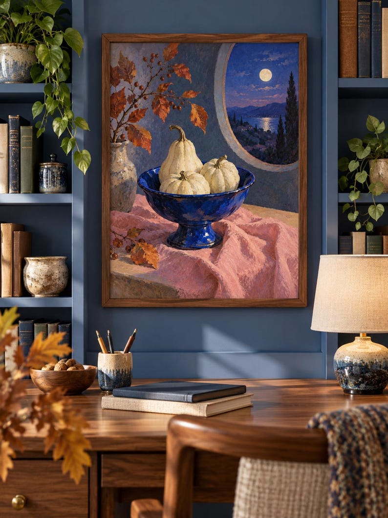 May include: A framed oil painting depicting a blue pedestal bowl filled with three white pumpkins, resting on a pink cloth. Beside the bowl is a vase with autumn leaves. The background shows a circular window view of a moonlit lake and hills.