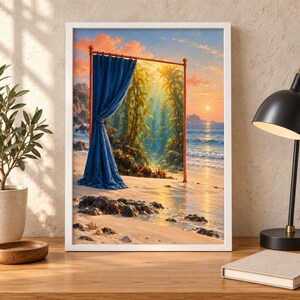 Op de afbeelding: Een ingelijste wandkunstprint met een surrealistisch strandtafereel met een hoog, dun, oranje metalen frame op het zand. Een diepblauw gordijn hangt aan het frame en onthult een zonovergoten kelpbos op de achtergrond bij een zonsondergang.