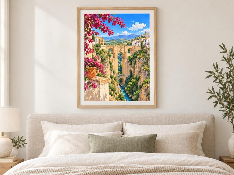 Pu&ograve; includere: Una stampa d'arte incorniciata che raffigura un ponte in pietra che attraversa una profonda gola con un fiume sottostante. La scena presenta fiori di bouganville rosa brillante in primo piano, edifici bianchi sulla scogliera e cielo blu.