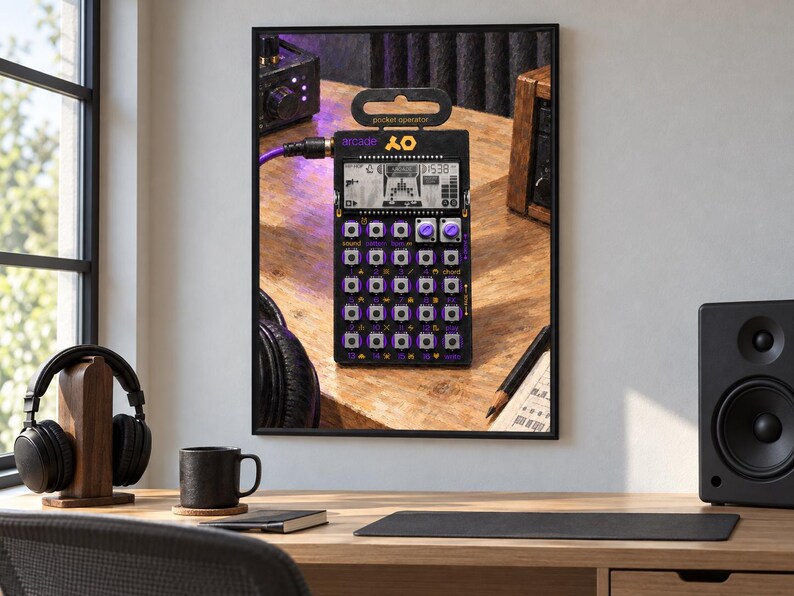May include: A black Teenage Engineering PO-20 Arcade pocket operator synthesizer featuring a monochrome LCD screen, purple buttons, and a purple audio cable connected to the side. The device displays the text arcade and pocket operator.