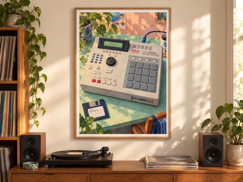 May include: A framed art print depicting an Akai MPC 2000XL MIDI production center on a light green table. The beige sampler features a black screen, a central dial, a grid of gray pads, and various buttons. A blue floppy disk sits nearby.