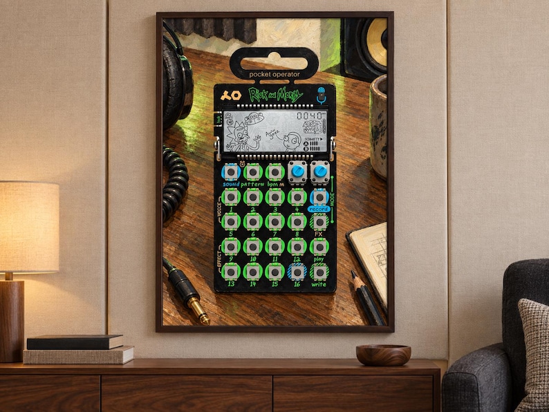 Pu&ograve; includere: Un sintetizzatore pocket operator edizione Rick e Morty nero dotato di uno schermo LCD digitale con grafiche di personaggi, una griglia di sedici pulsanti numerati, due manopole rotanti blu e varie etichette di controllo stampate.